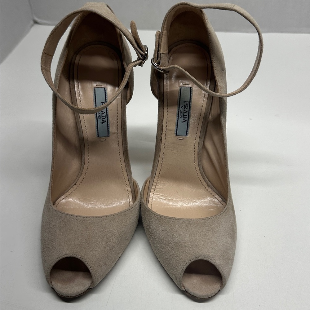 Prada Heels Suede Ankle Adjustable Strap Peep Toe High Heel Shoes Tan Cream 37.5 - Picture 2 of 11